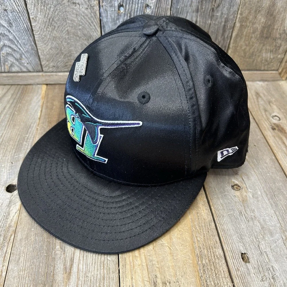 New Era Fresh Rags Tampa Bay Devil Rays Satin 59FIFTY Fitted Hat 7 3/4 Black Pin